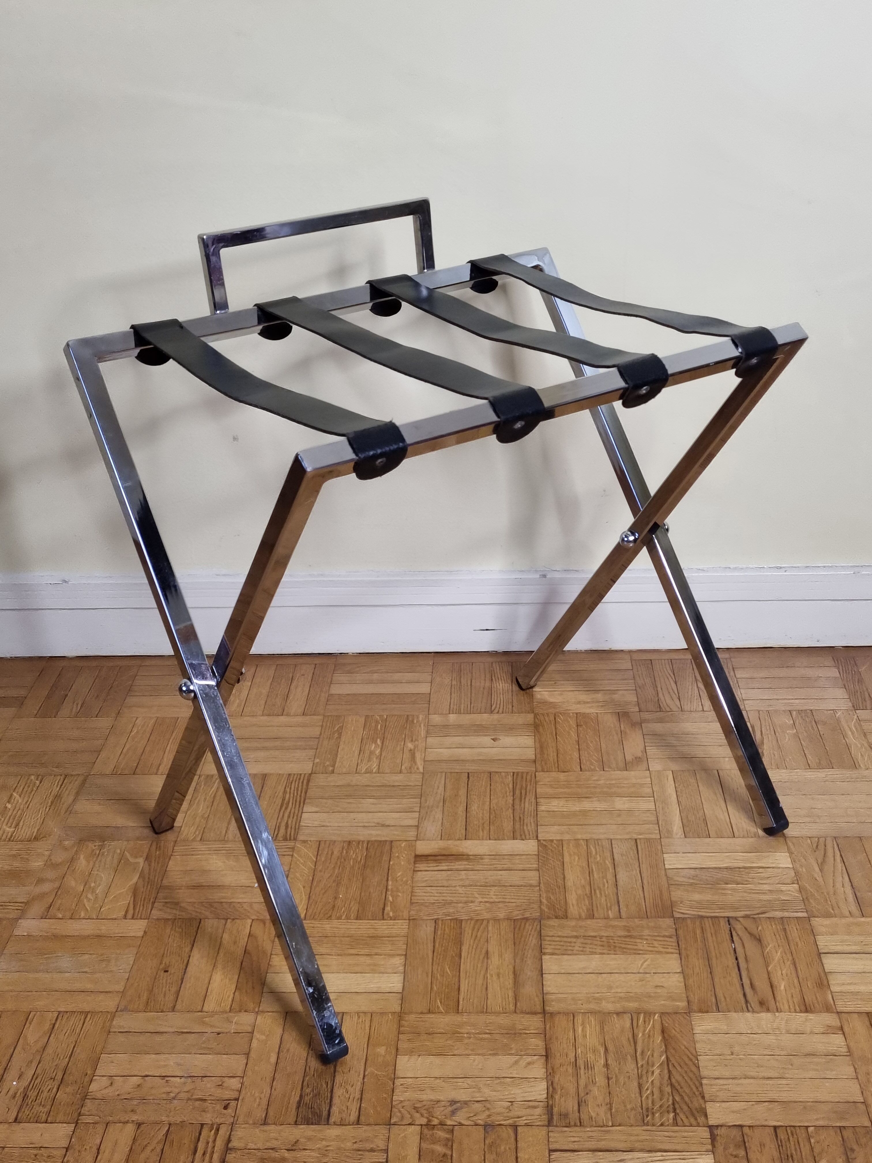 Luggage rack in chrome steel and leather 80s