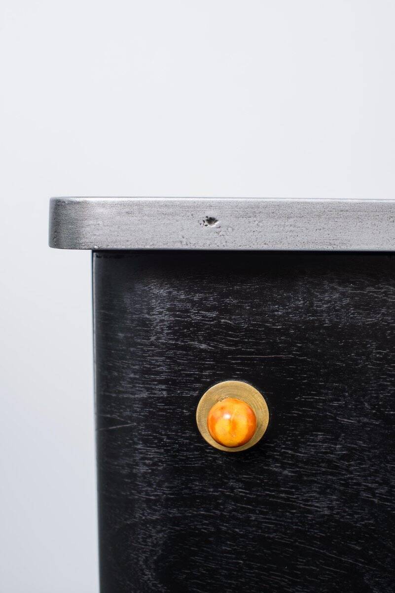 Black Art Deco bedside table in wood, silver top, single door, 1930s.