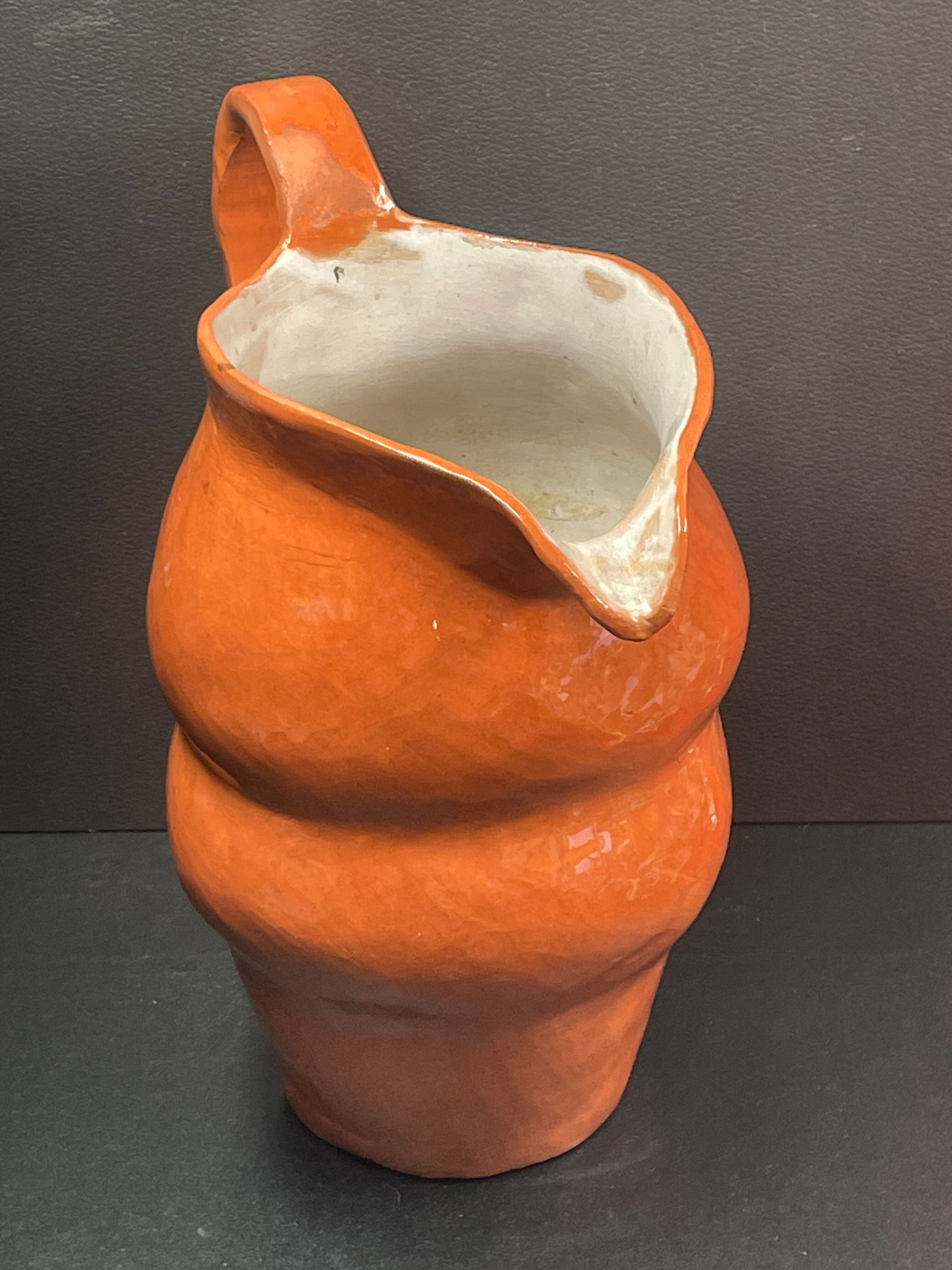 Unusual Pitcher Ceramic in stoneware or glazed earth Signed EL