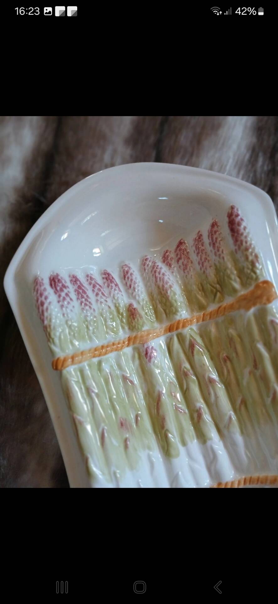 Old plate in slipware/asparagus