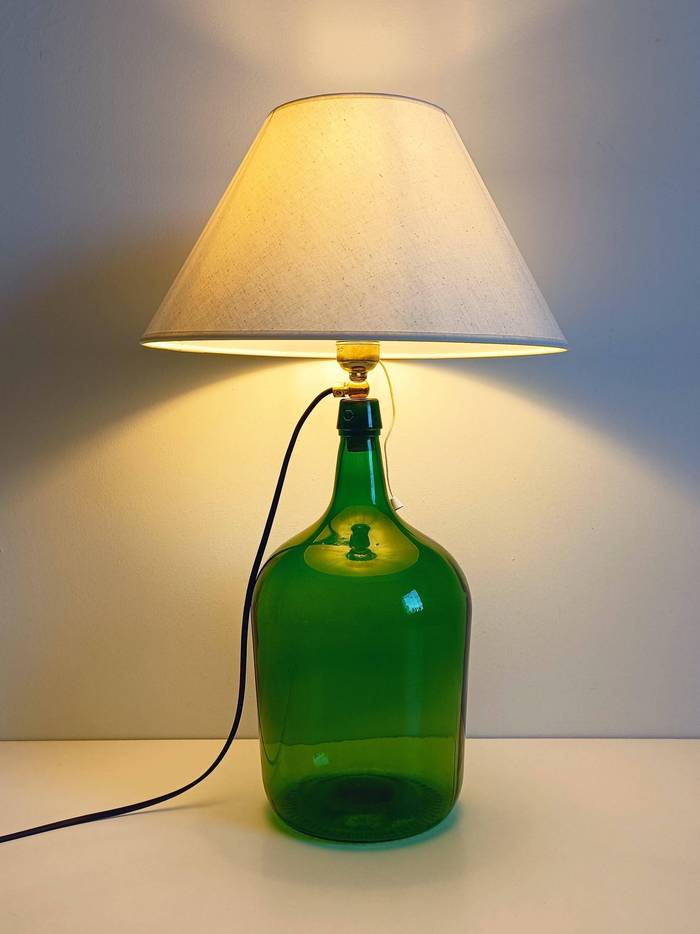 Mid-Century Green Glass Demijohn Table Lamp, Brass Fittings, Contemporary Shade
