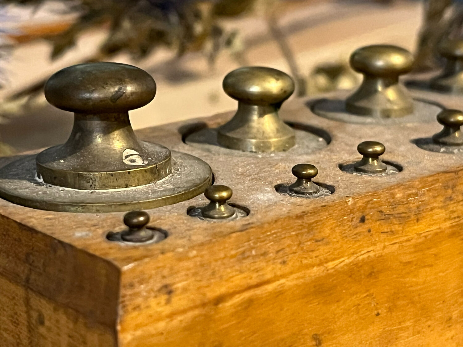 Complete series of brass weights for scales