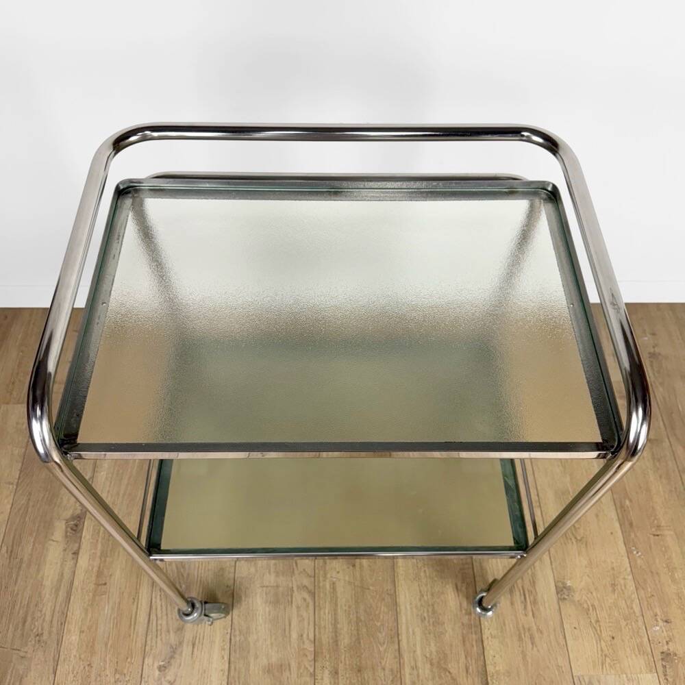 Modernist chrome and vintage frosted glass serving trolley