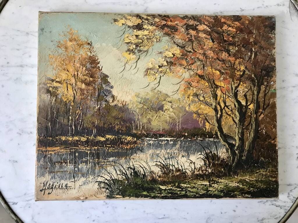 Oil painting on canvas river forest autumnal landscape signed