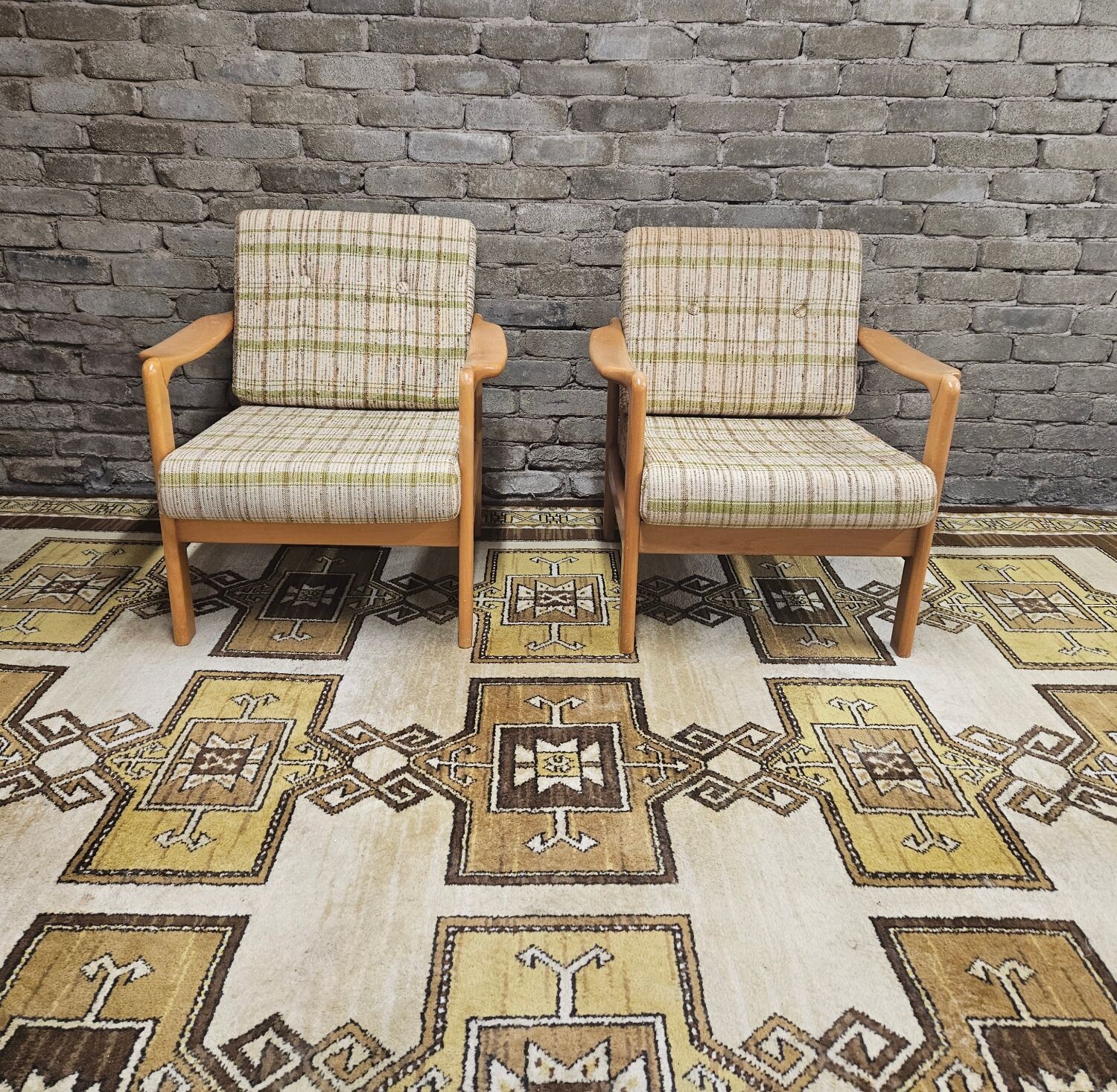 Pair of vintage scandinavian armchairs 1970 scottish fabric