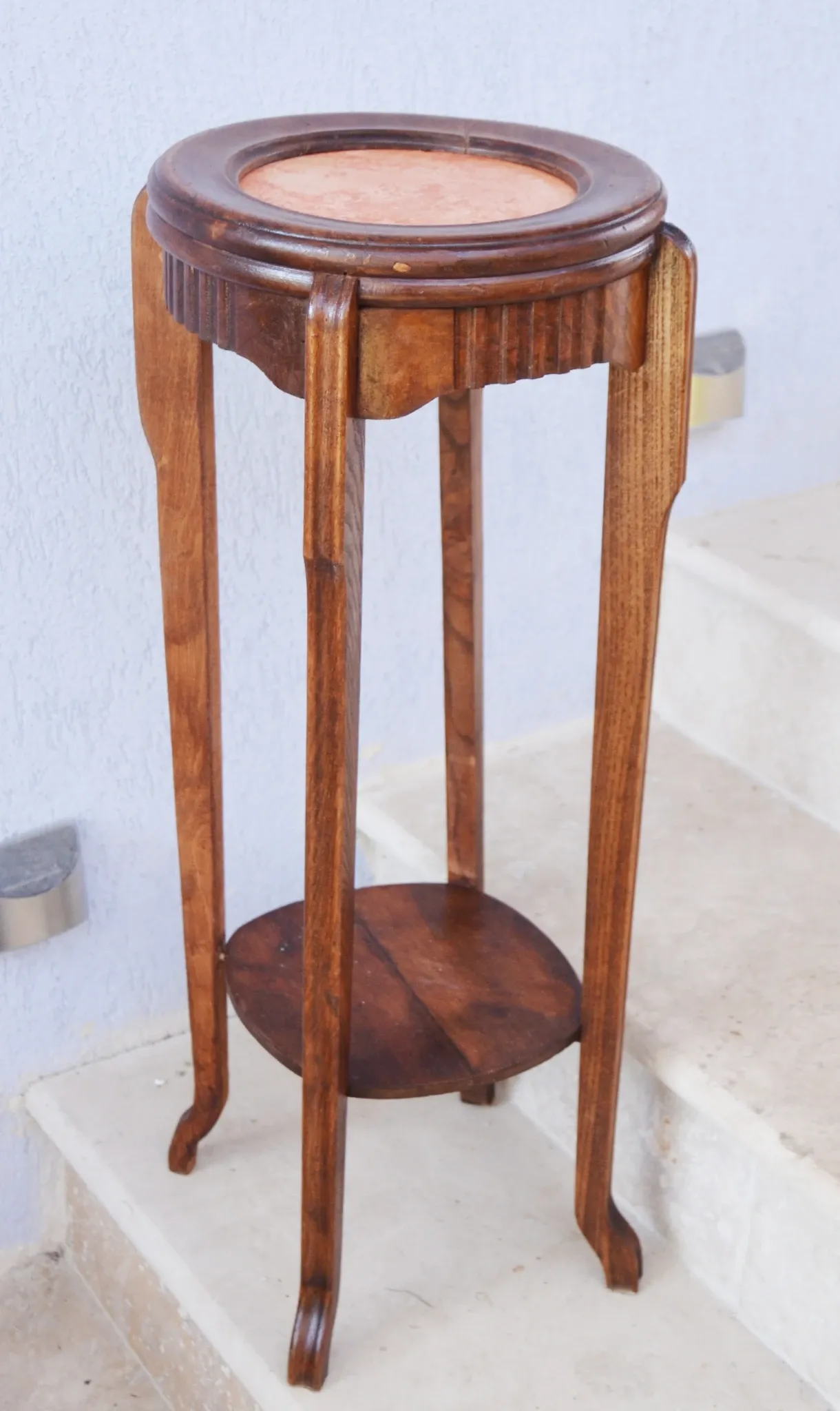 Art Deco wood stand French planter with stone plaque