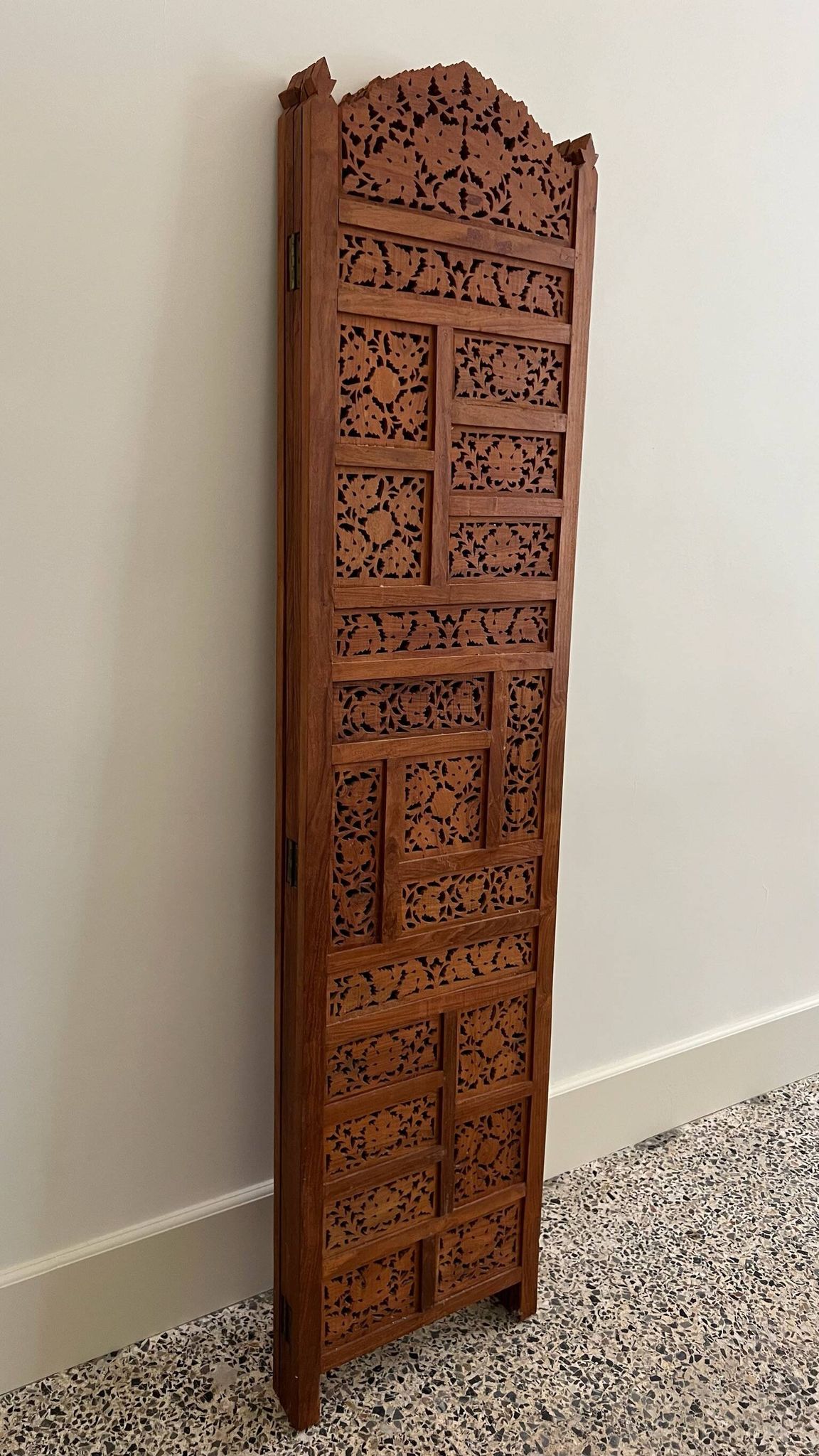Vintage Asian carved teak screen — mid-20th century