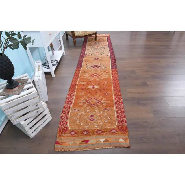 Tapis coureur vintage en laine et coton turc noué à la main orange 82x382