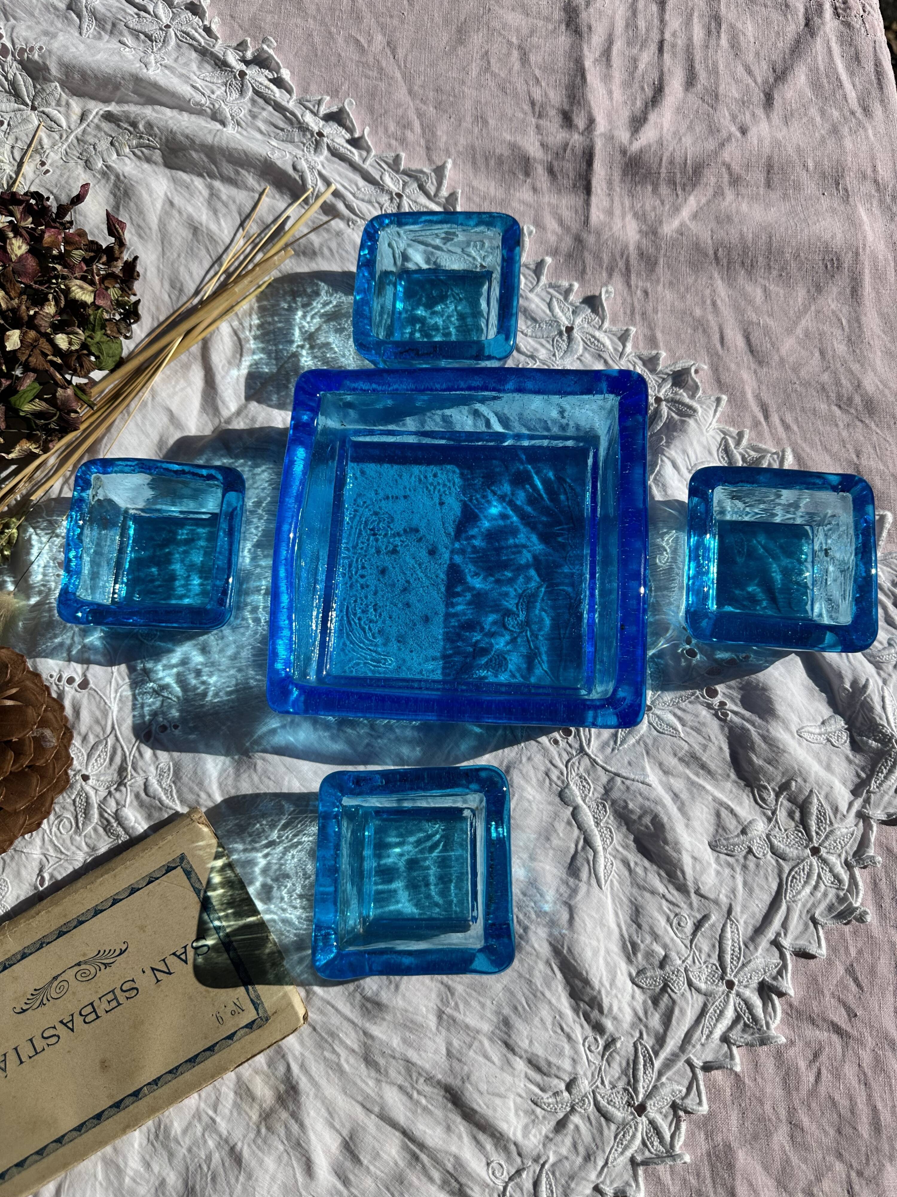 Adorable Vintage Turquoise Blue Glass Square Ashtrays and Trays