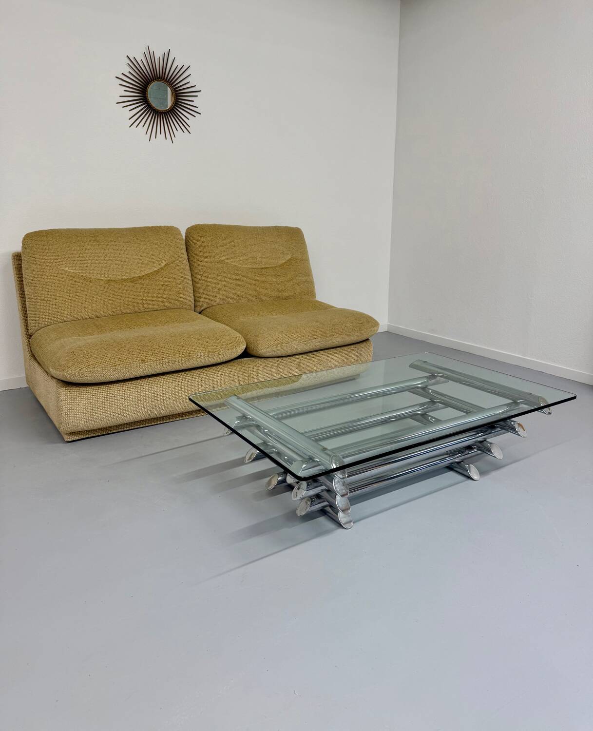 Space coffee table from the 70s, tubular metal and glass, Italian design