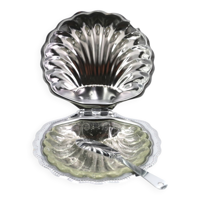 Beurrier en forme de coquillage en métal argenté et verre avec son couteau