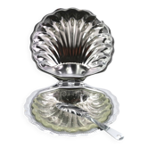 Silver-plated metal and glass shell-shaped butter dish with its knife.