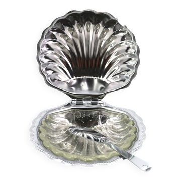 Beurrier en forme de coquillage en métal argenté et verre avec son couteau