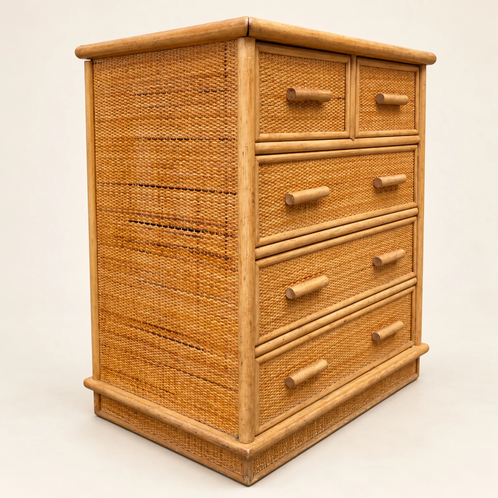 Vintage woven rattan commode with five drawers – bohemian style