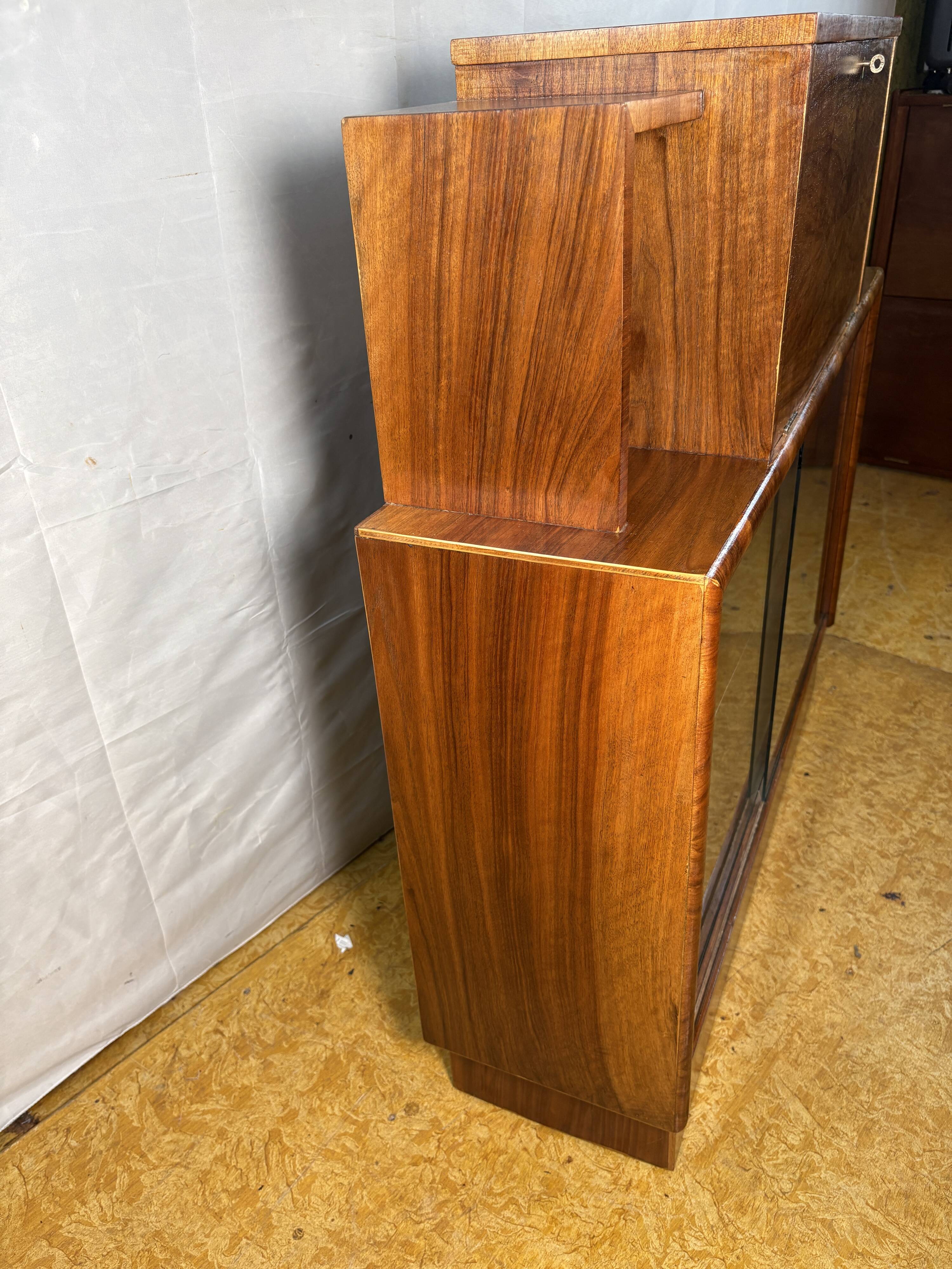 Art Deco Vintage 1930s Burr Walnut Bureau Display Cabinet Fall Front