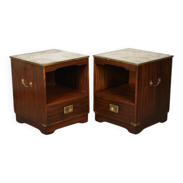 Tables de Chevet Vintage Military Campaign avec Plateau en Cuir Marron