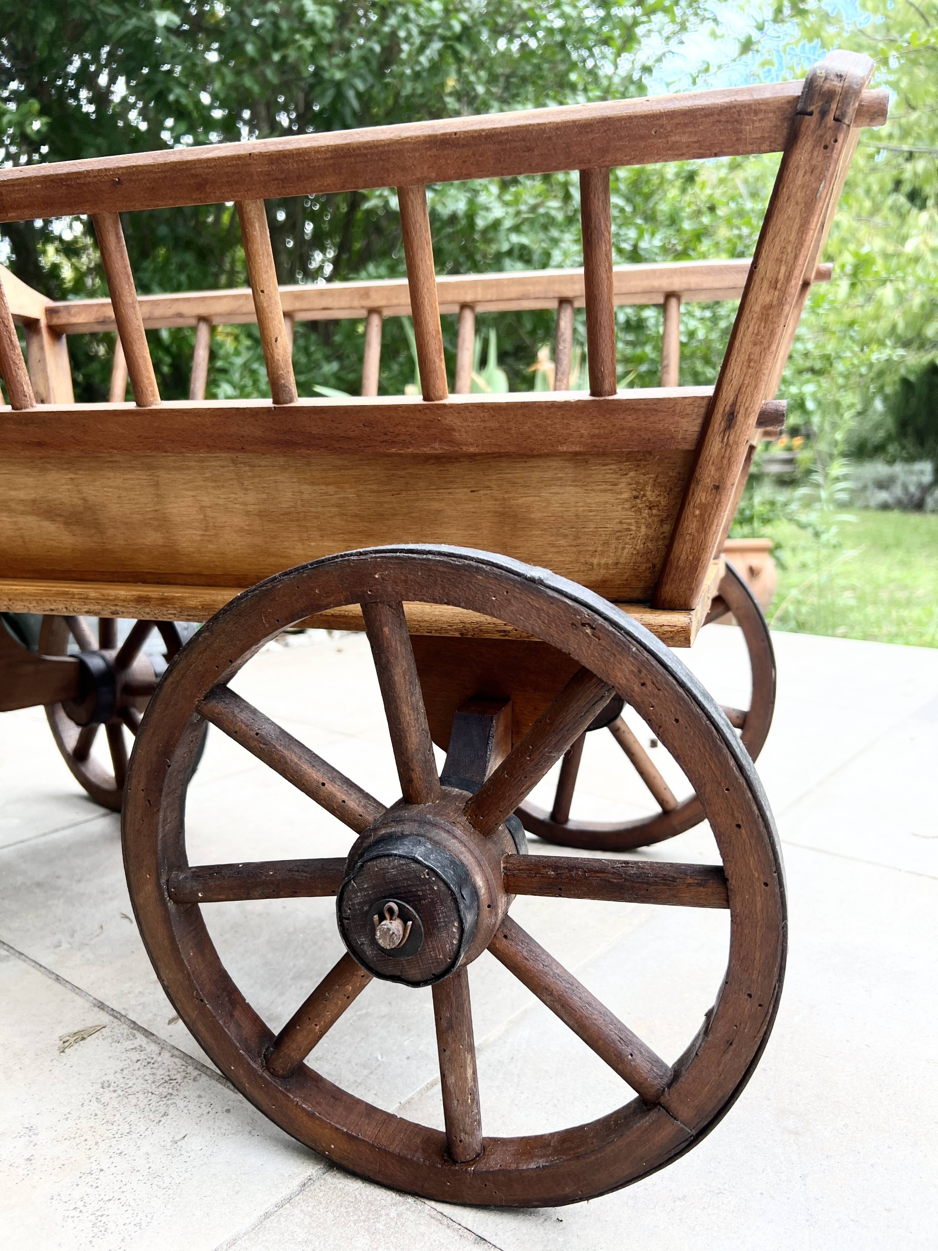 19th century cart in wood and wrought iron, garden cart, storage