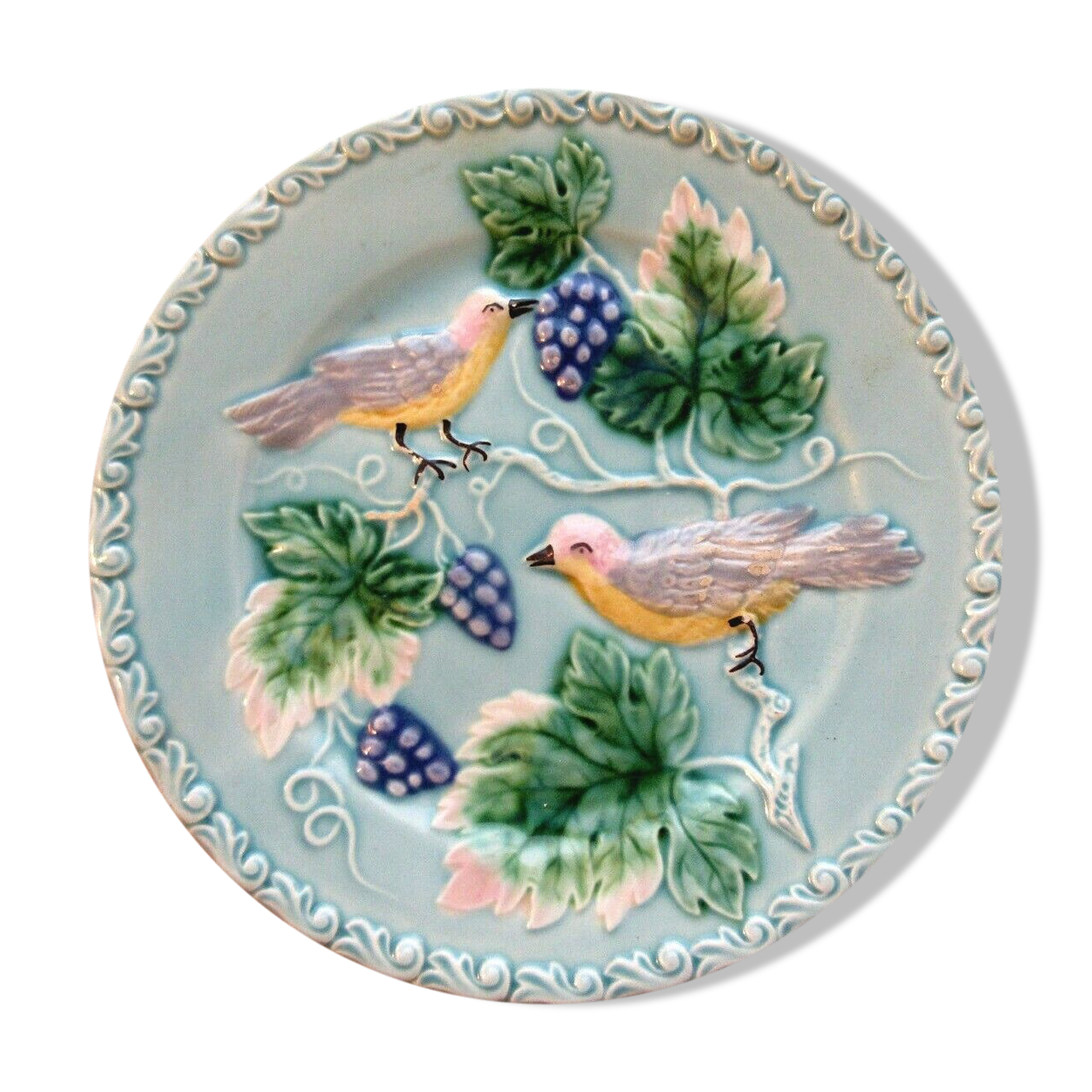 Dabbling Plate Made in Germany: 2 Perched Birds Pecking Grapes