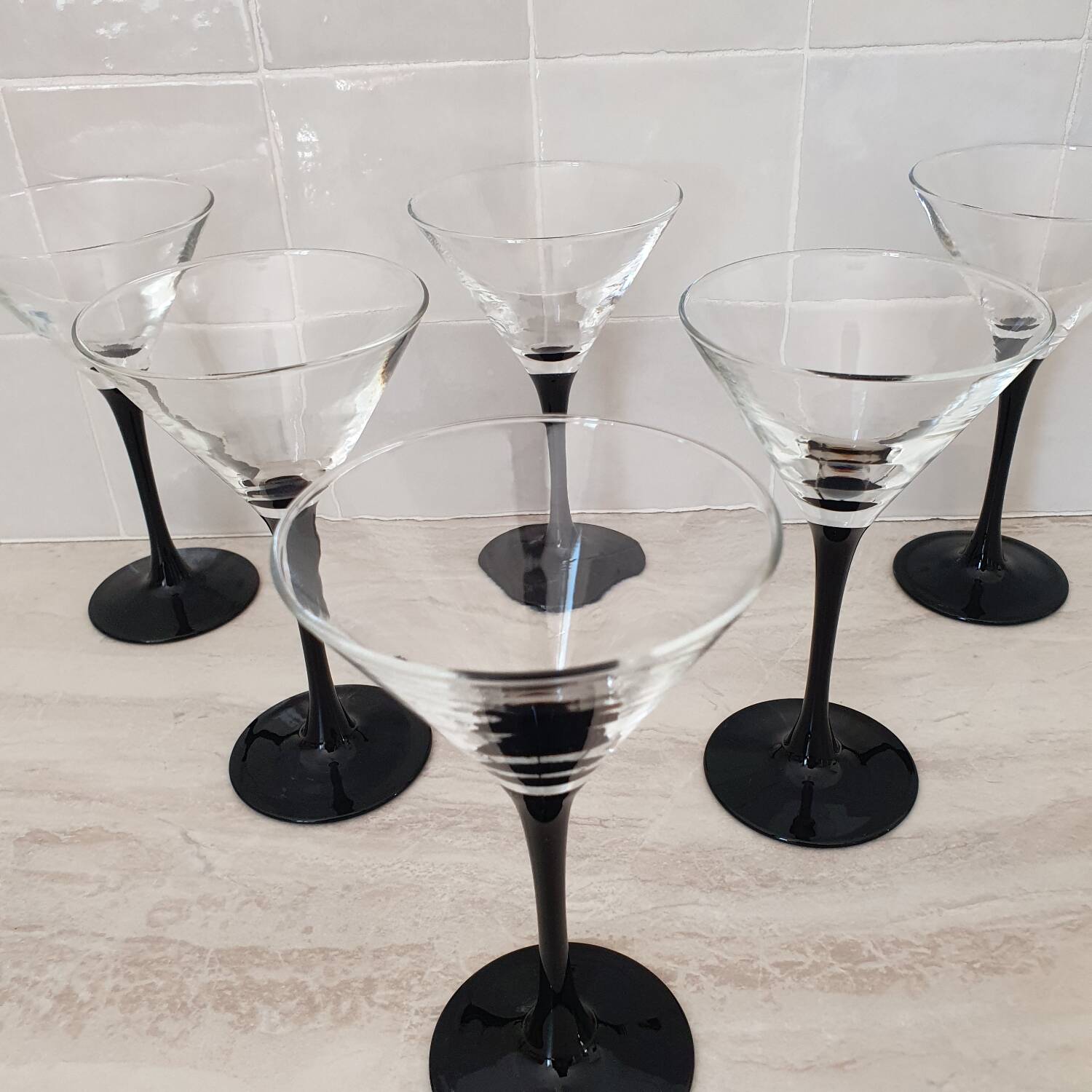 6 cocktail glasses / black stem martini glasses