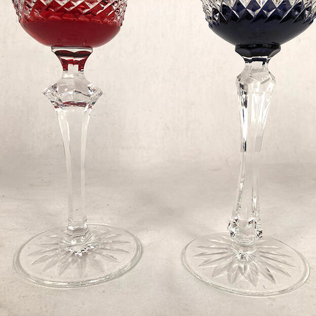 Set of five large colored crystal foot glasses