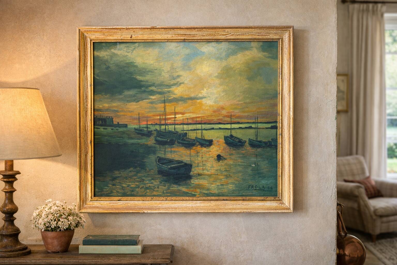 Pair of marine paintings signed Frola, boats, oil on canvas, 20th century.