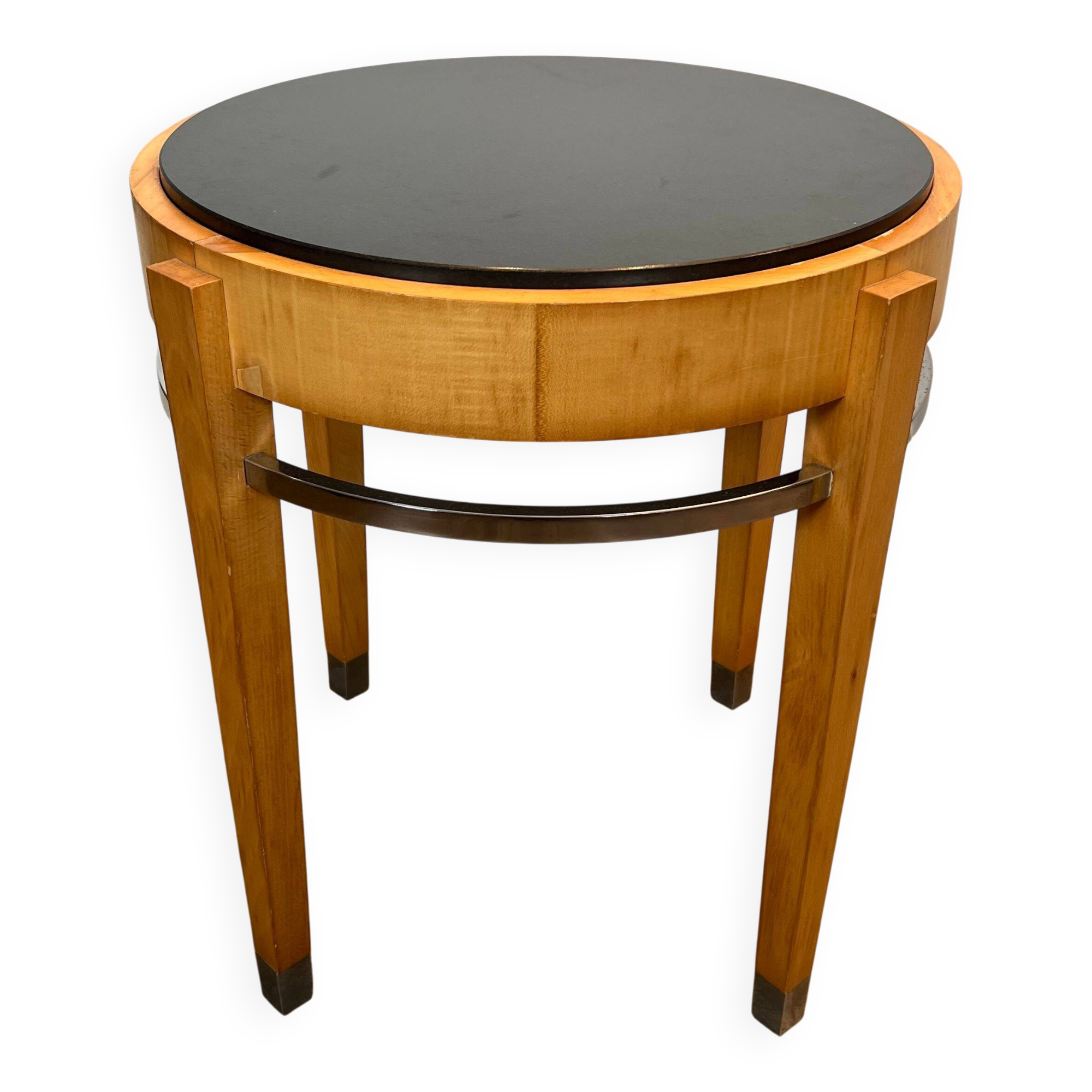 Pedestal table in sycamore veneer, chrome and marble top
