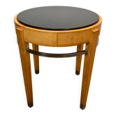 Pedestal table in sycamore veneer, chrome and marble top