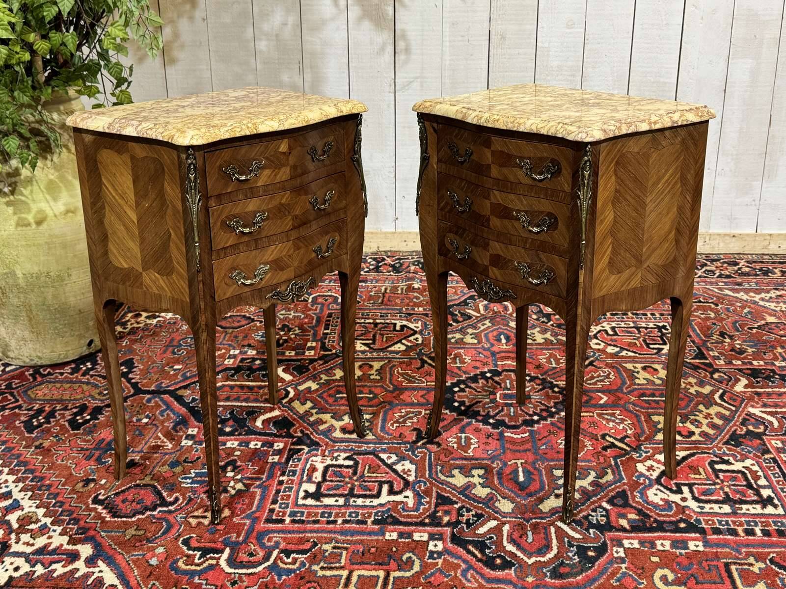 Pair of bedside tables in Louis XV style made of rosewood, oak, and marble top.