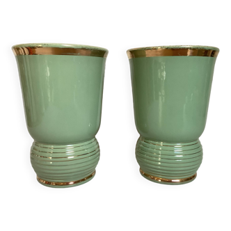 Pair of old green and gold ceramic vases