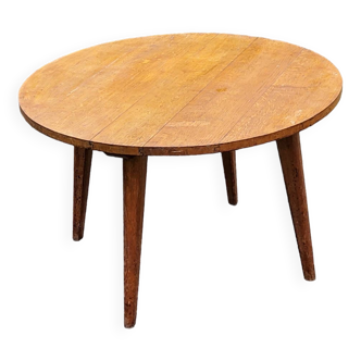 Table basse ronde vintage en chêne massif doré pieds compas des années 50