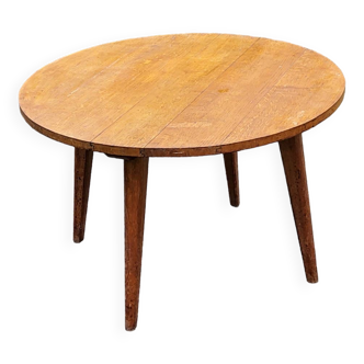 Vintage round coffee table in solid gilded oak with compass legs from the 1950s