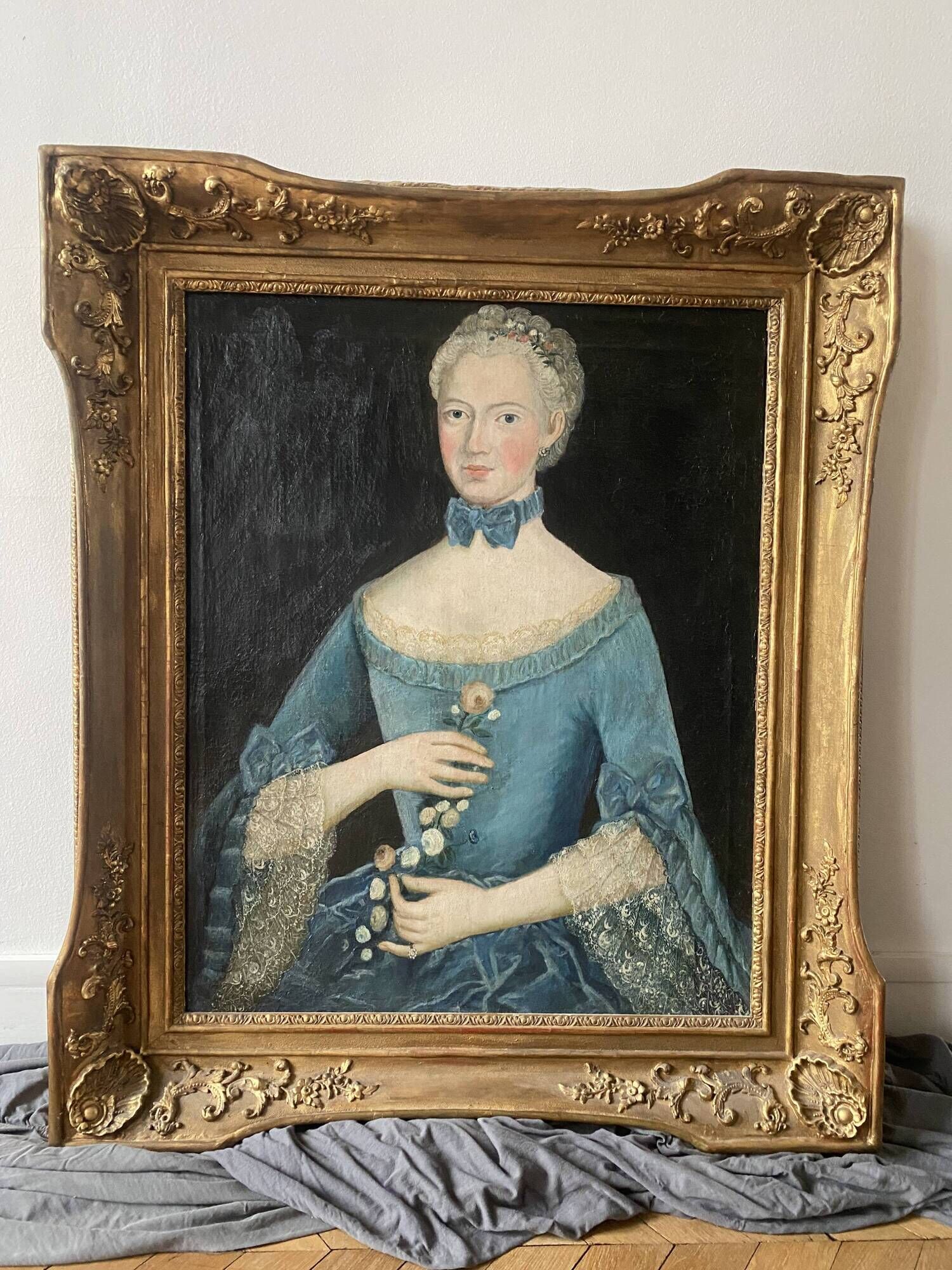Louis XV table oil on canvas frame with gold leaf.