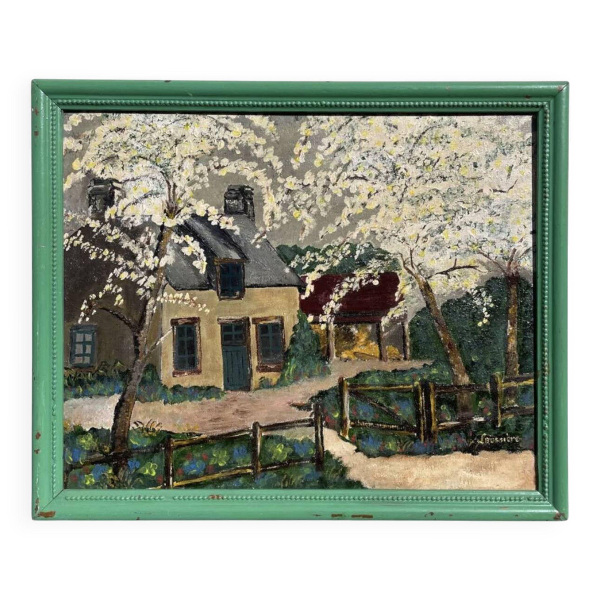 Painting of a farm in a landscape, oil on canvas with frame