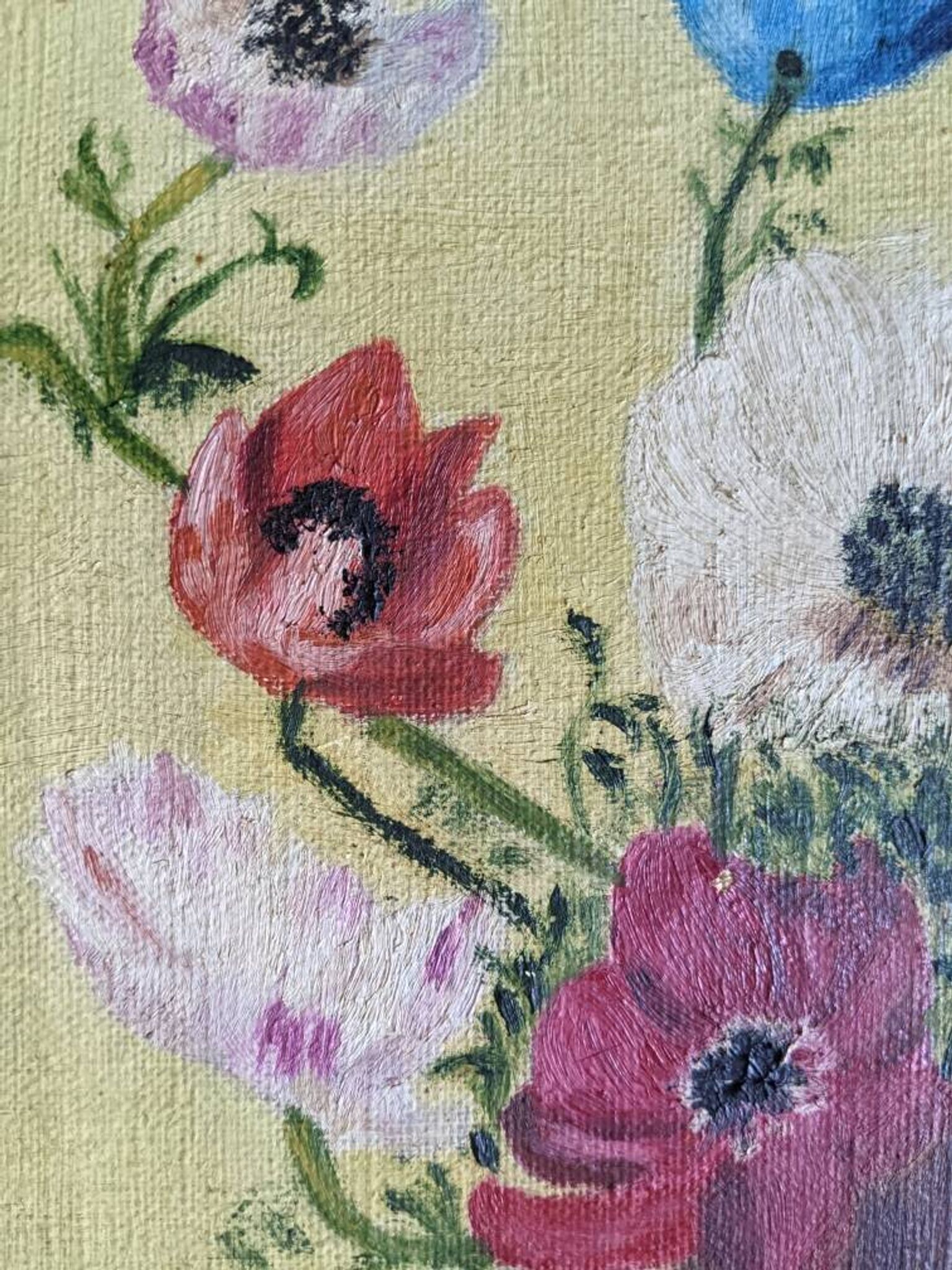 Acrylic painting on canvas, old still life, bouquet of flowers