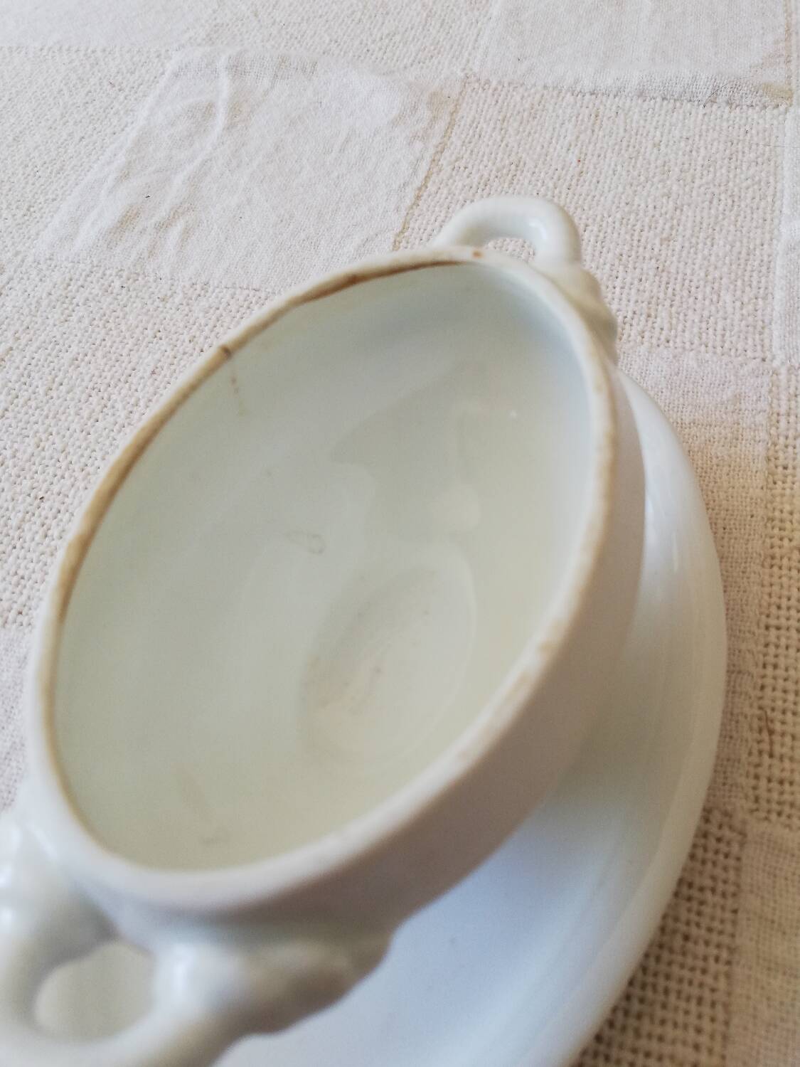 Vintage white earthenware mustard pot or sauce boat.