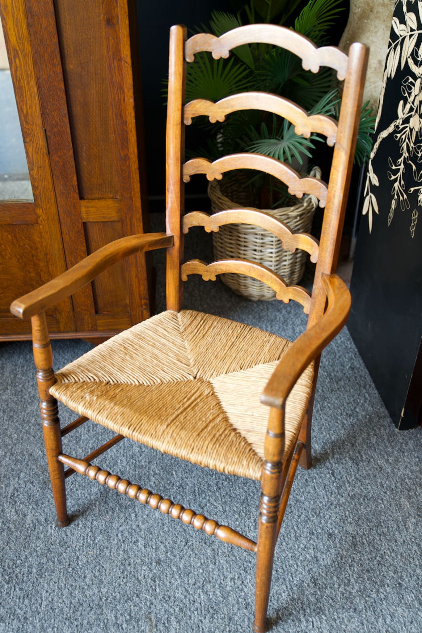 Arts & crafts solid oak ladder back occasional chair with rush seat