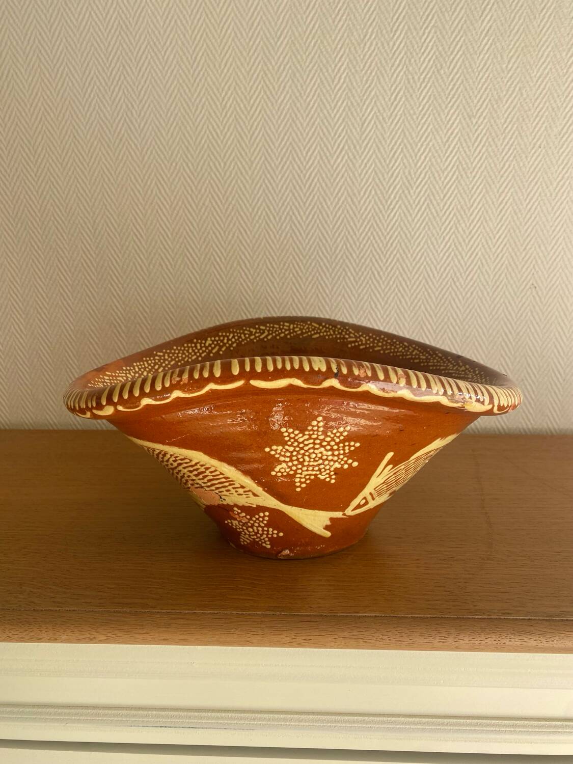 Old glazed terracotta plate, Portuguese craftsmanship.