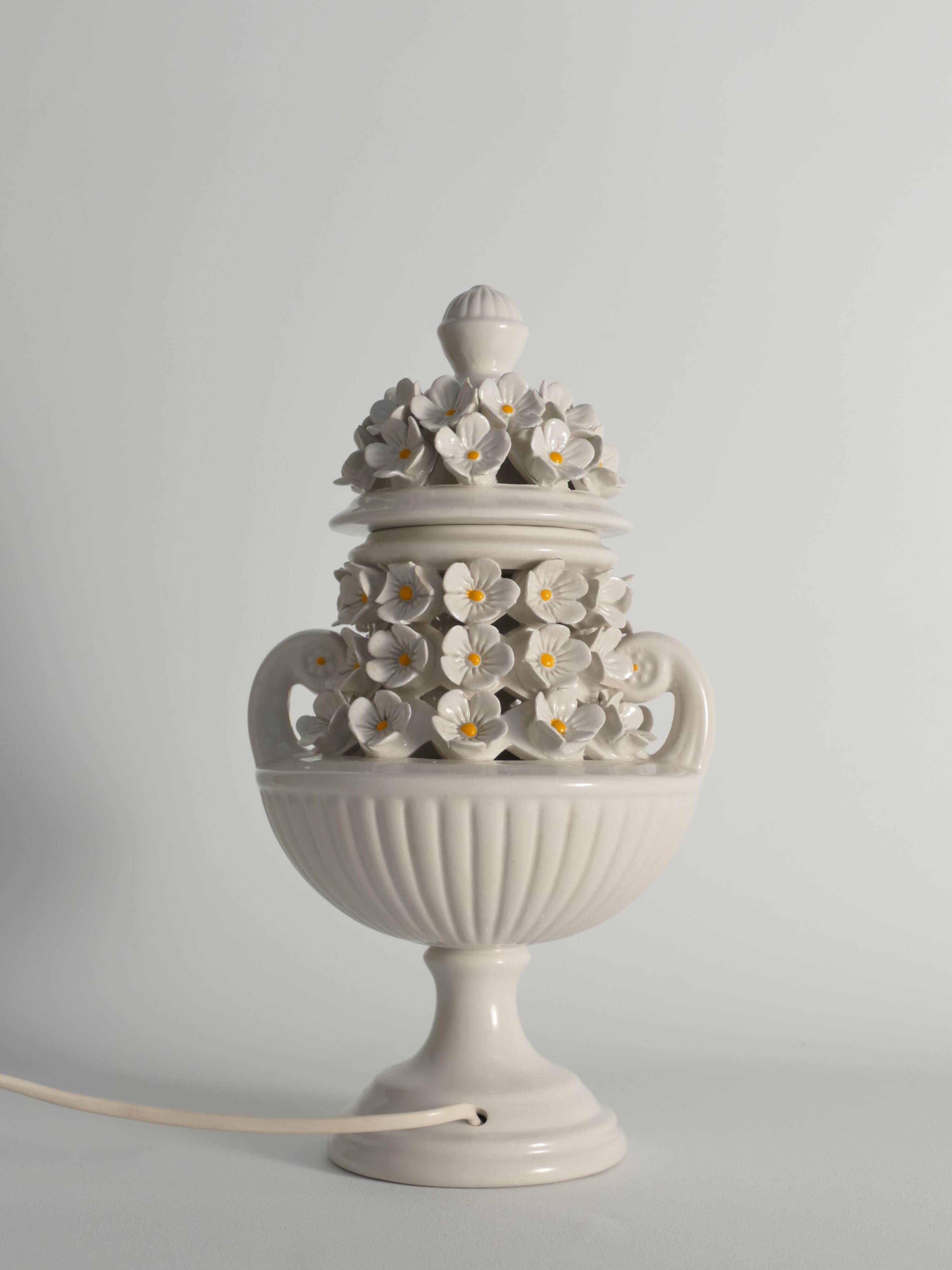 White Ceramic Table Lamp with Flower Motif, Italy 1960s