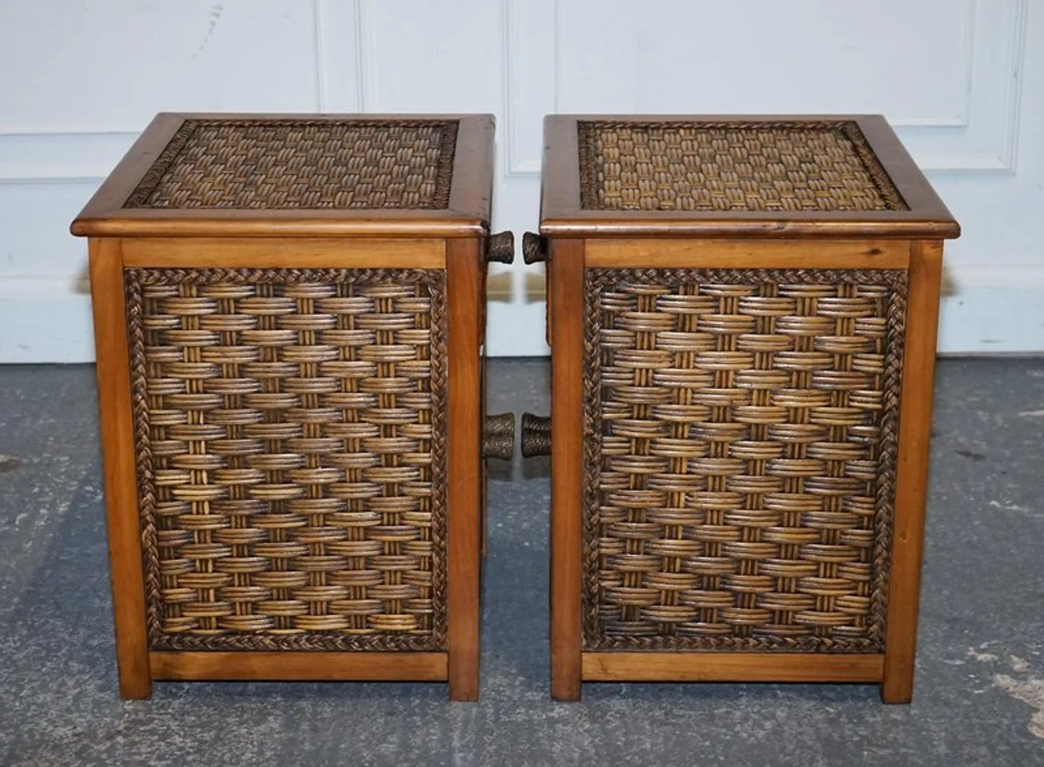 Tables de Chevet Vintage en Rotin avec Tiroir, Set de 2