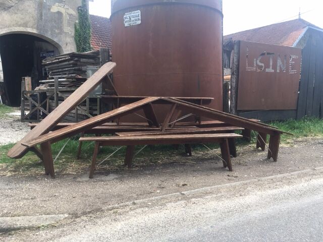 lot of 10 '30s bistro benches in pretty pattine fir