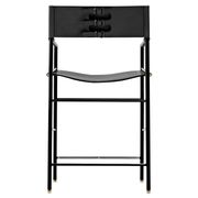 Contemporary bar stool with black leather backrest, black rubber metal structure.