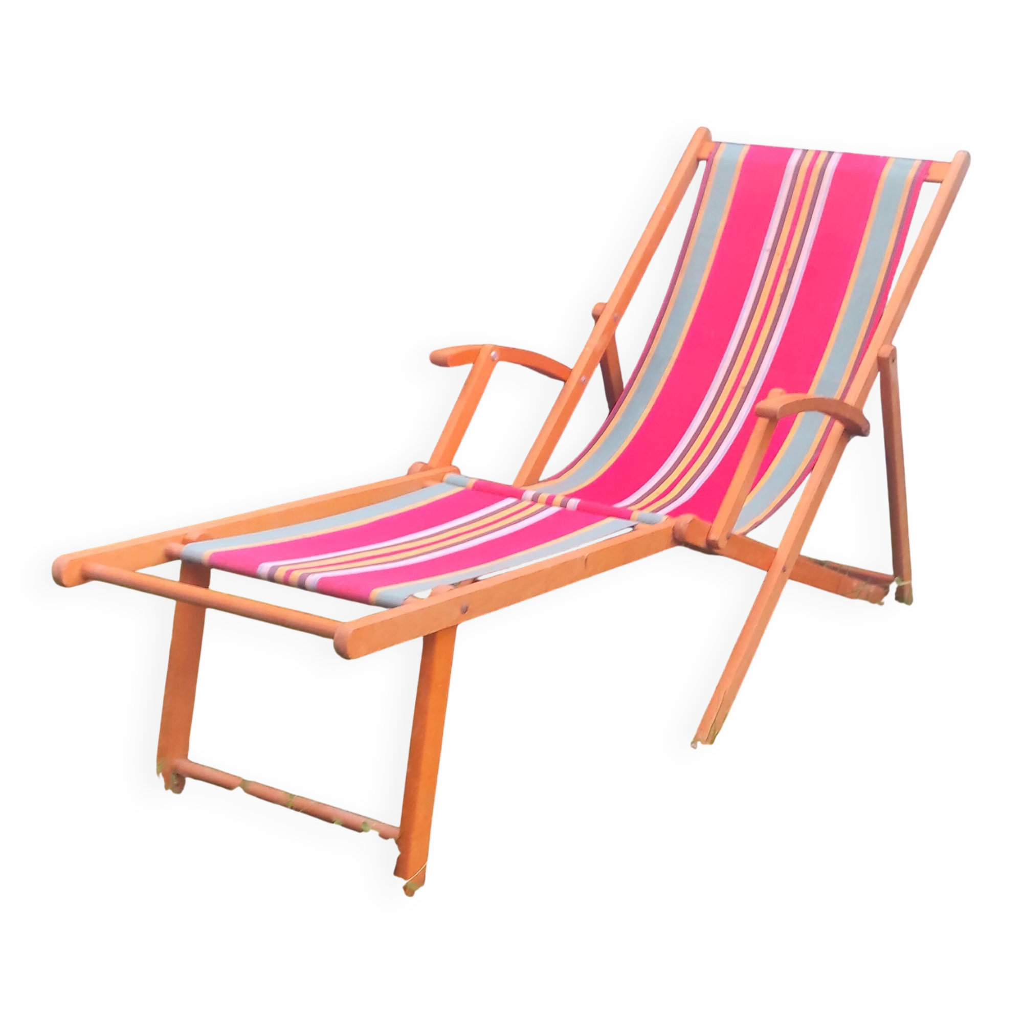 Vintage deck chair in wood and striped fabric - mid-20th century