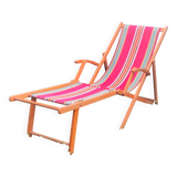 Vintage deck chair in wood and striped fabric - mid-20th century