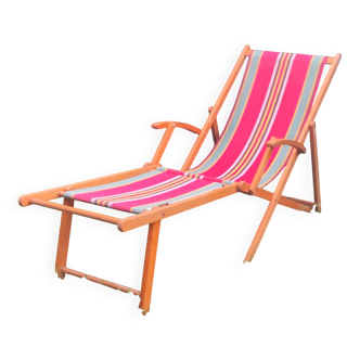 Vintage deck chair in wood and striped fabric - mid-20th century