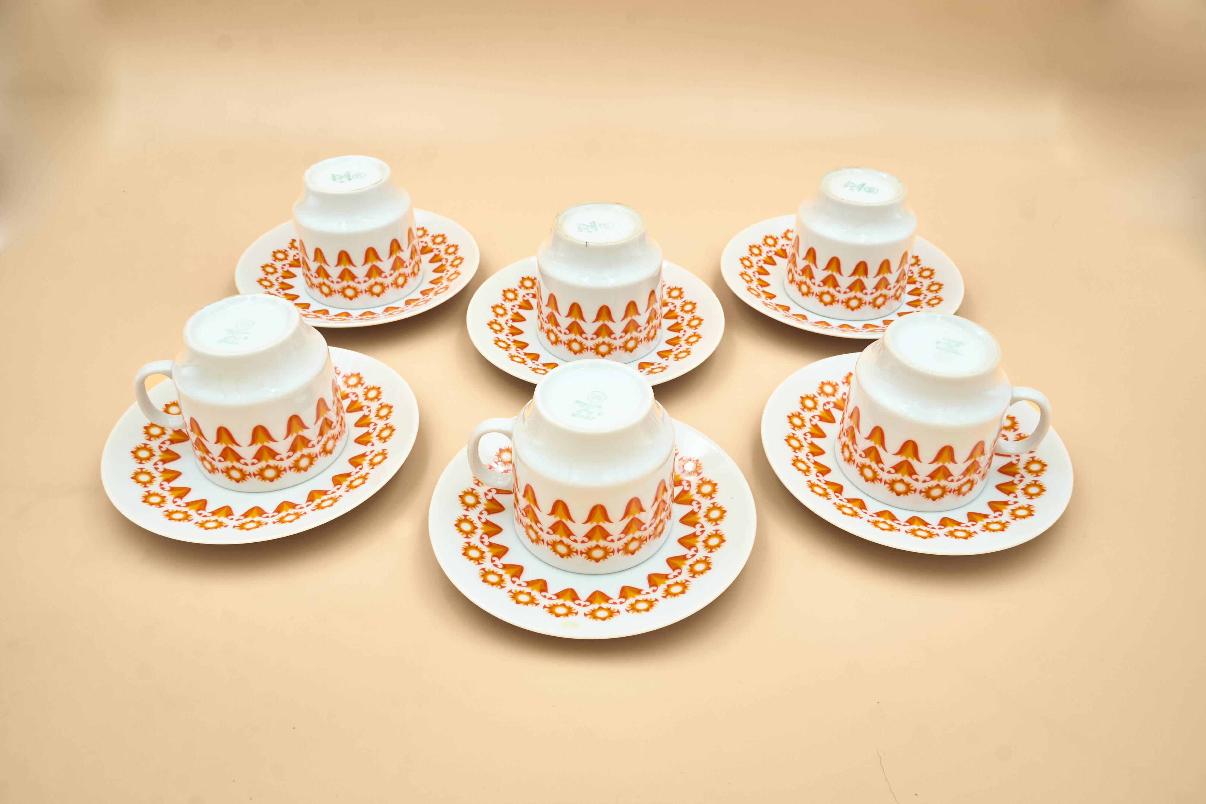 6 Midcentury Porcelain Coffee Cups & Saucers, EPIAG, Czechoslovakia