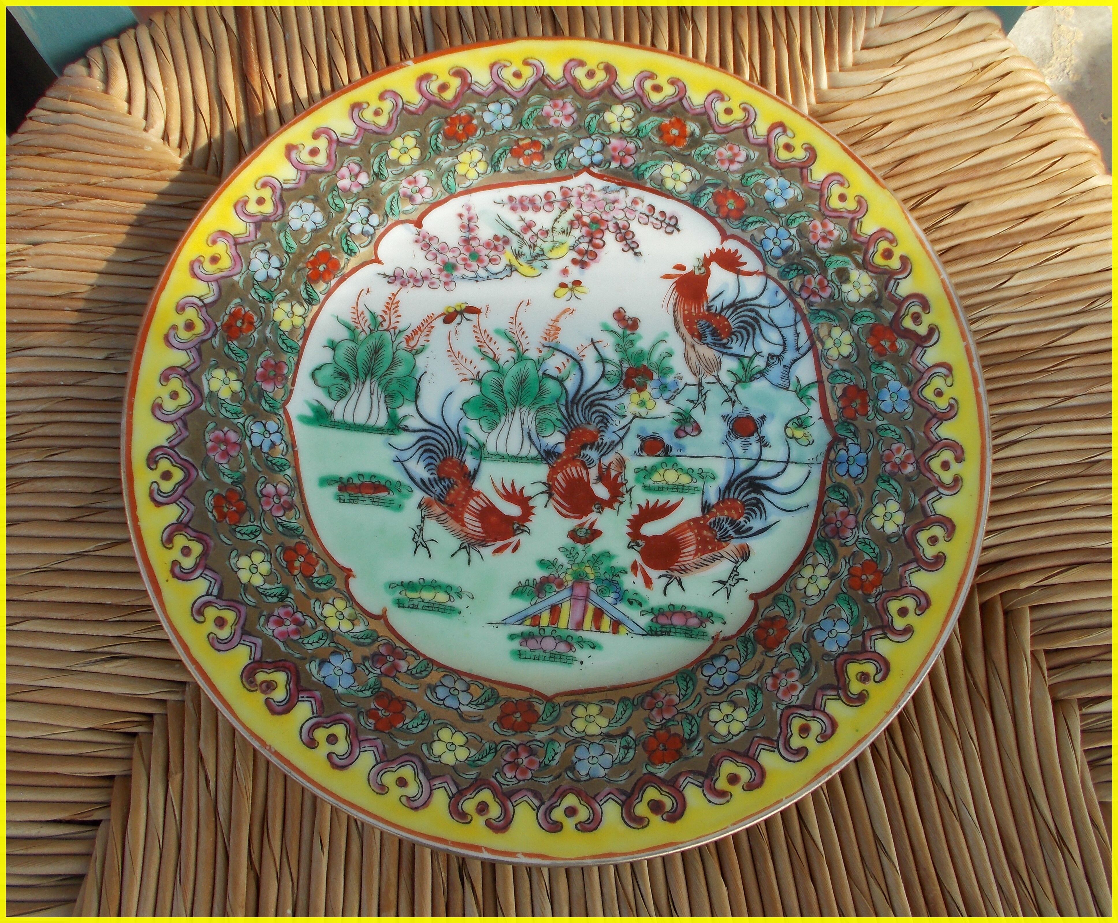 Canton China porcelain plate with roosters decor