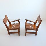 Armchairs convertible into Brutalist Bench in solid wood 1940 vintage