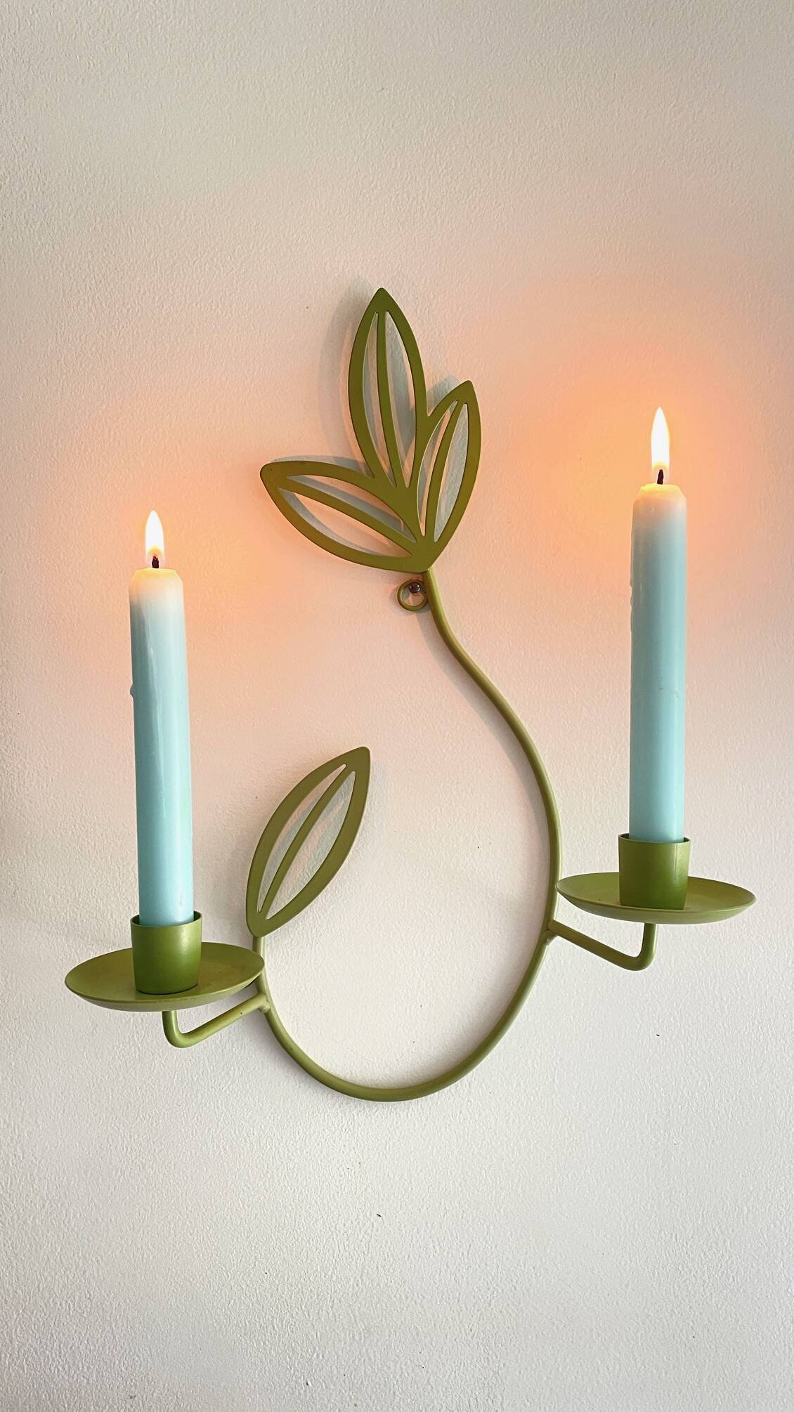 Wall Candle Holder, Green Metal Leaves