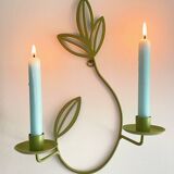 Wall Candle Holder, Green Metal Leaves
