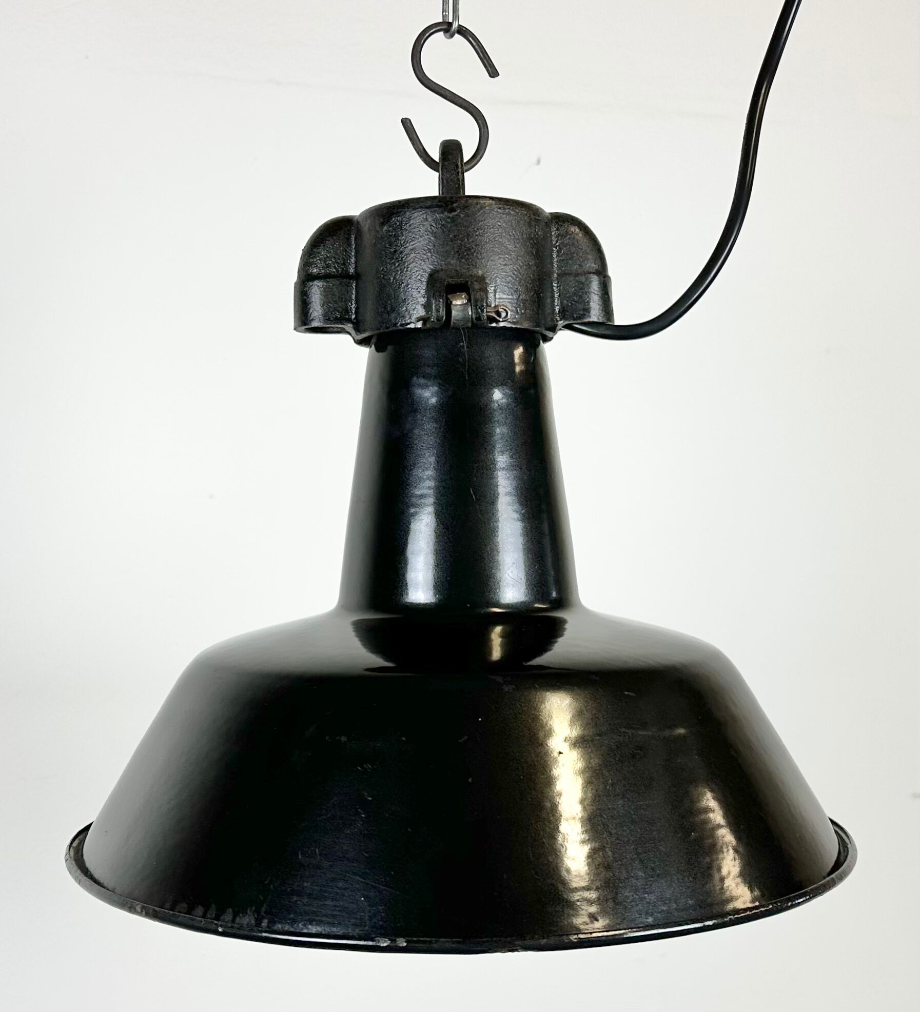 Industrial Black Enamel Factory Lamp with Cast Iron Top, 1960s